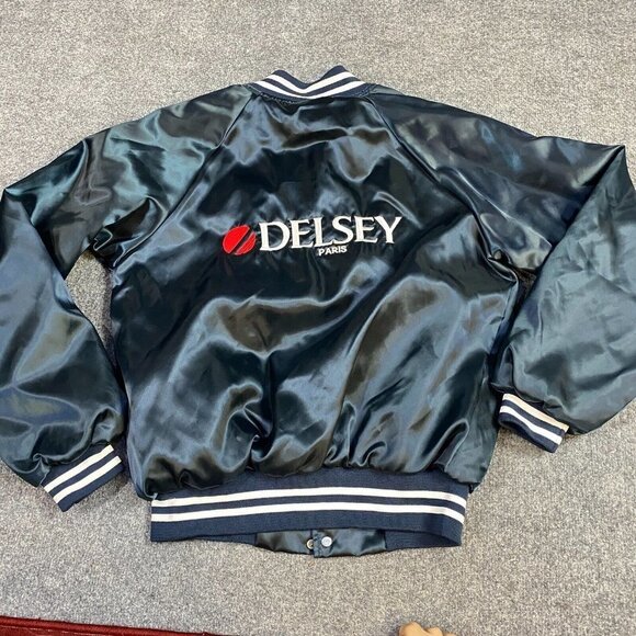 Delsey Paris Satin Jacket M Blue Vintage Embroidered Nylon  Made in USA - Picture 1 of 9